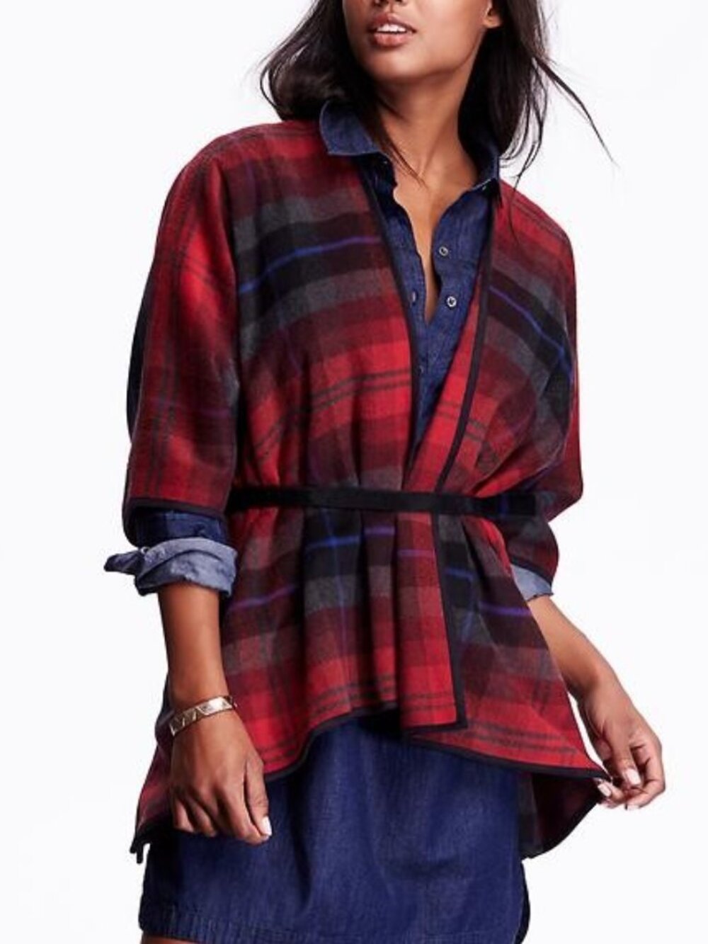 Old Navy Plaid Open Front Wool Blend Poncho Cape Jacket Red Size XL - XXL NEW